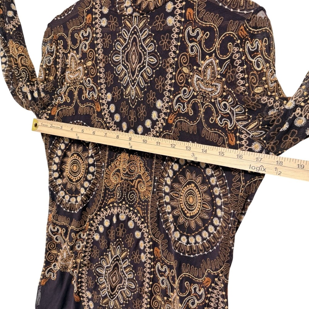 Johnny Was Jade M Loving Is Easy Mesh Embroidered Tee Top Brown High Neck - Picture 4 of 9